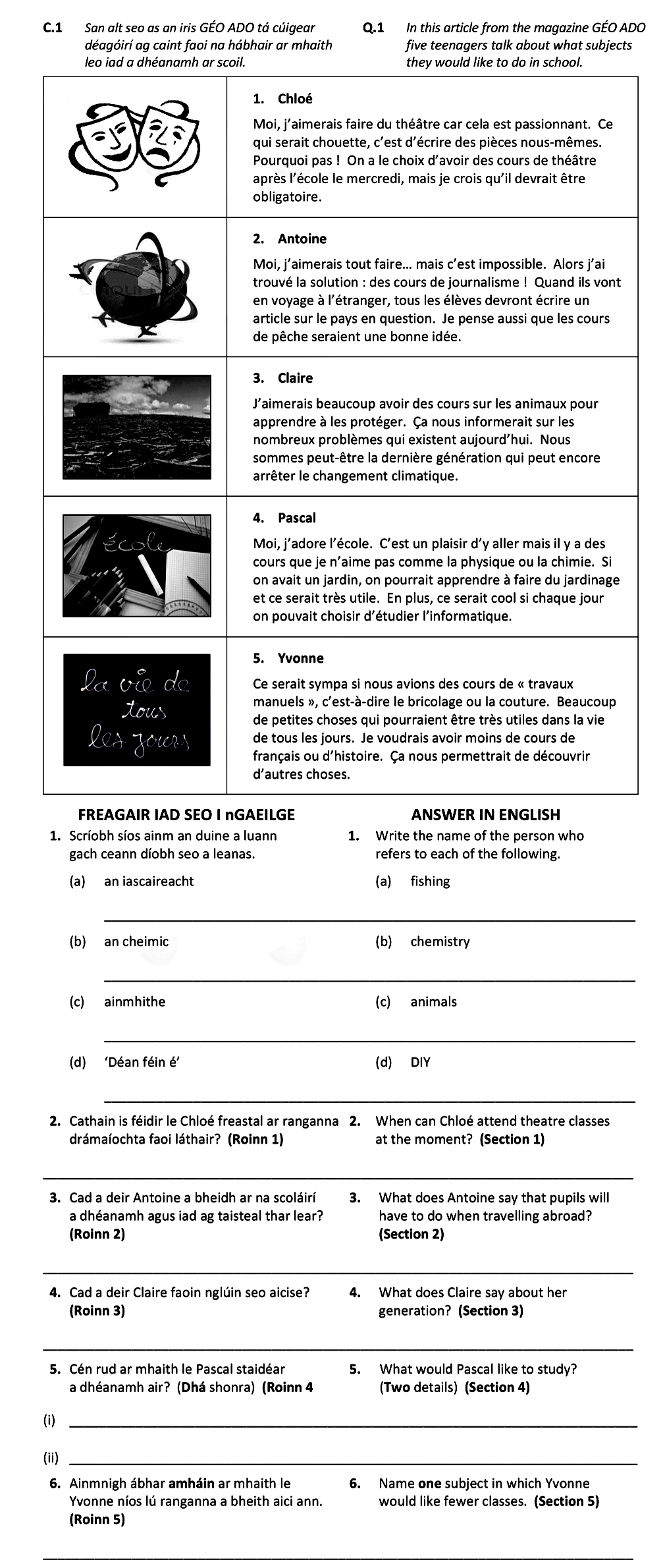 In-this-article-from-the-magazine-GÉO-ADO-five-teenagers-talk-about-what-subjects-they-would-like-to-do-in-school-Leaving Cert French-Question 1-2018.png