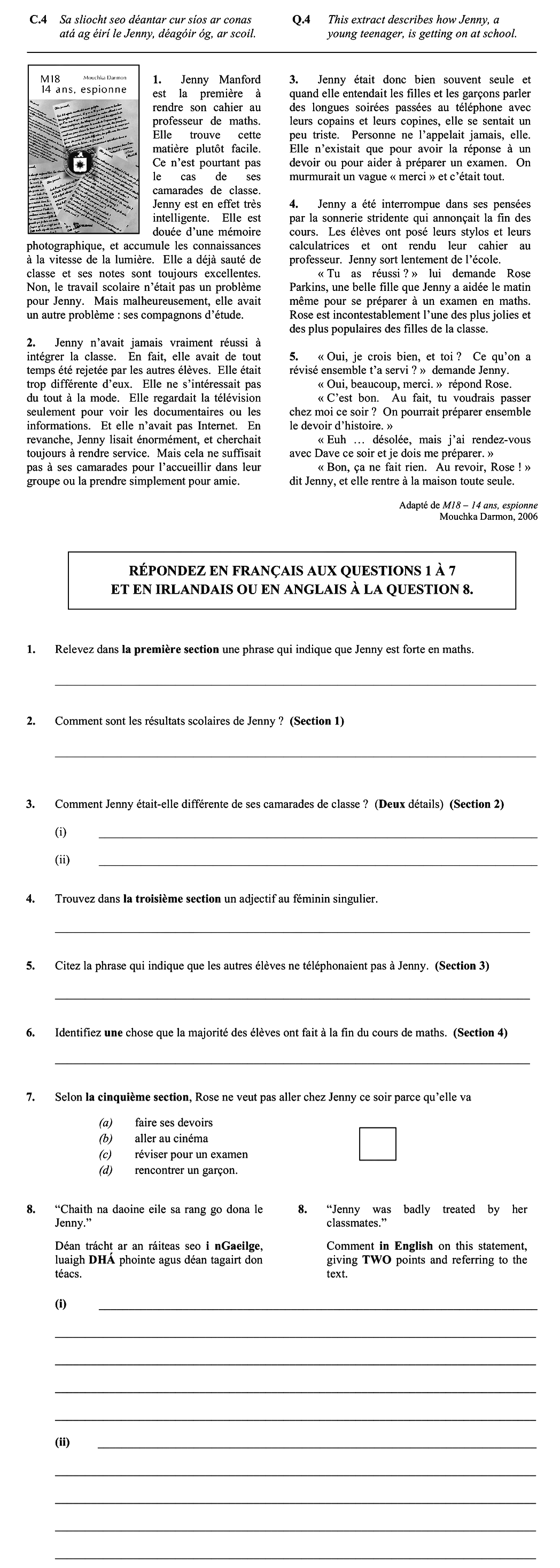 1.-Relevez-dans-la-première-section-une-phrase-qui-indique-que-Jenny-est-forte-en-maths-Leaving Cert French-Question C4-2012.png