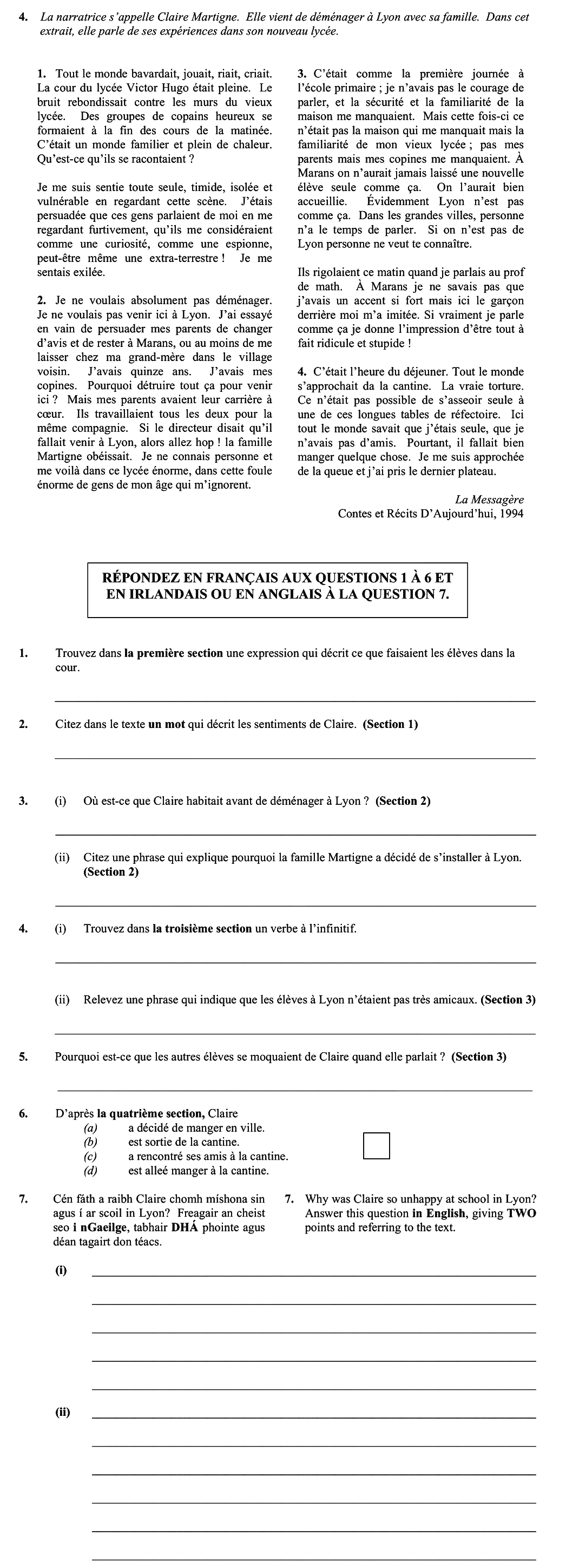 La-narratrice-s’appelle-Claire-Martinge-Leaving Cert French-Question 4-2007.png