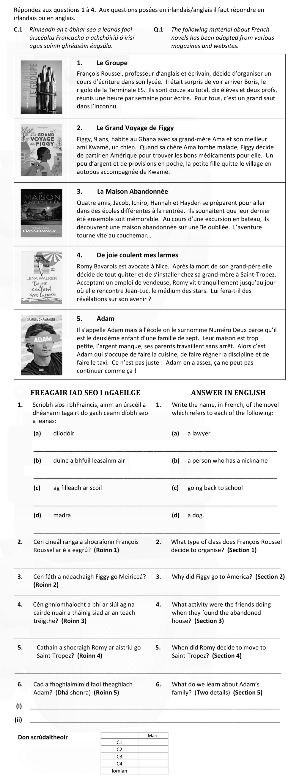 1.-Write-the-name,-in-French,-of-the-novel-which-refers-to-each-of-the-following:--(a)-a-lawyer--(b)-Adam--(c)-going-back-to-school--(d)-a-dog-Leaving Cert French-Question 1-2019.png