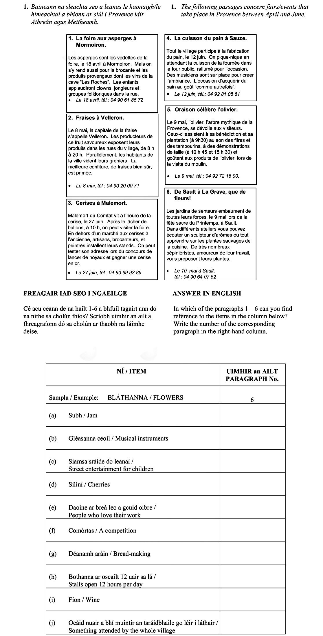 1.-Baineann-na-sleachta-seo-le-haonachtaí-imeachtaí-a-bhíonn-ar-siúl-i-Provence-idir-Aibreán-agus-Meitheamh-Leaving Cert French-Question 1-2005.png