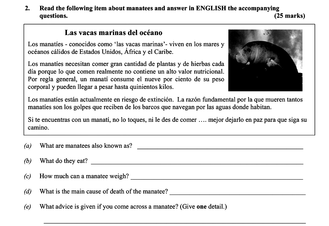Read-the-following-item-about-manatees-and-answer-in-ENGLISH-the-accompanying-questions-Leaving Cert Spanish-Question 2-2016.png