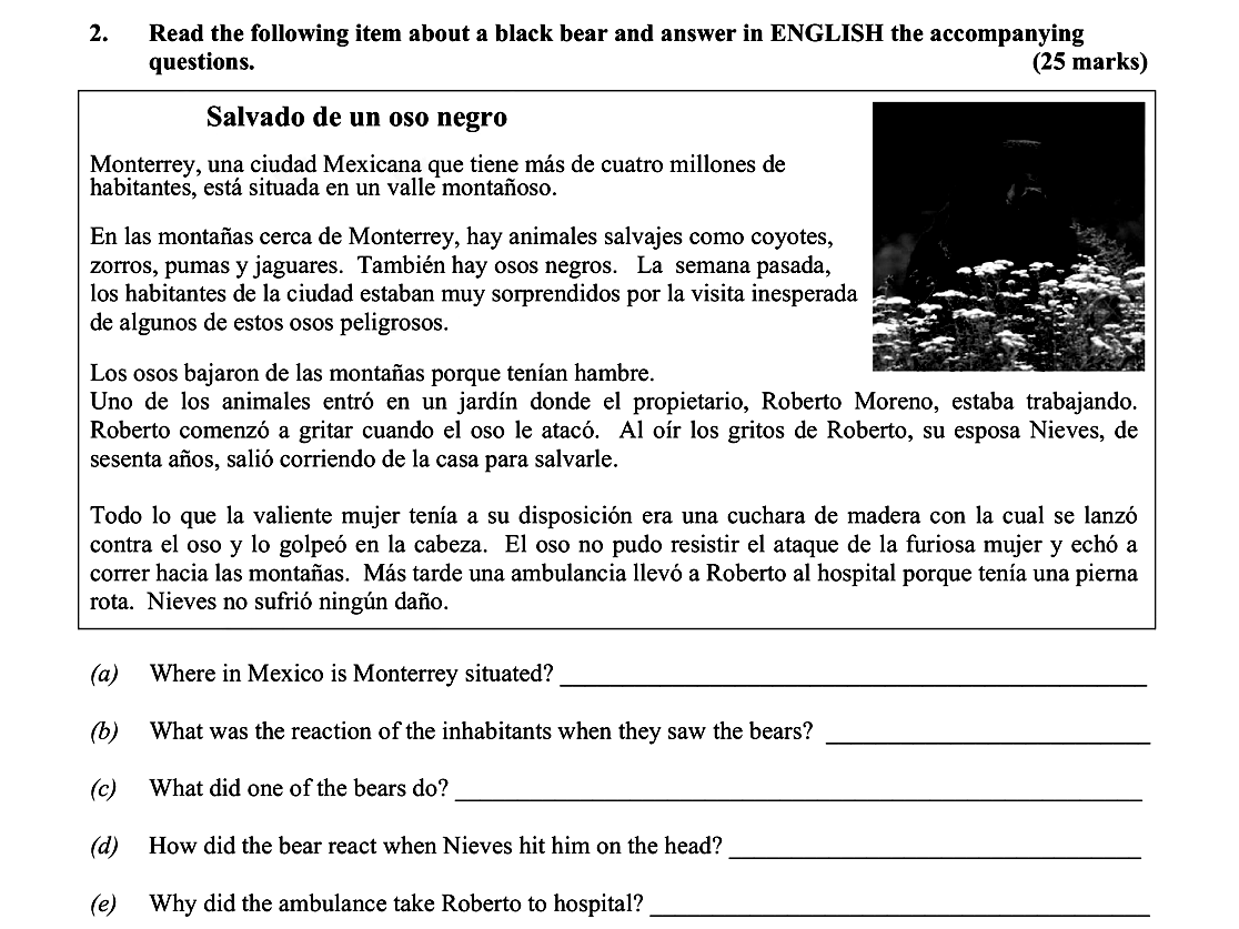 Read-the-following-item-about-a-black-bear-and-answer-in-ENGLISH-the-accompanying-questions-Leaving Cert Spanish-Question 2-2014.png