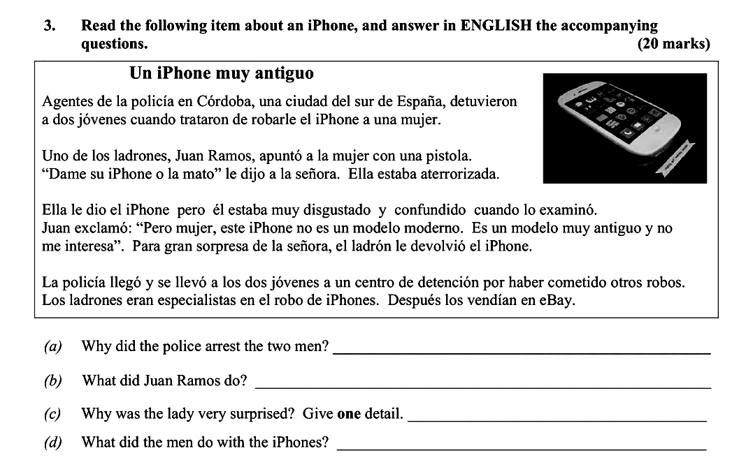 Read-the-following-item-about-an-iPhone,-and-answer-in-ENGLISH-the-accompanying-questions-Leaving Cert Spanish-Question 3-2014.png