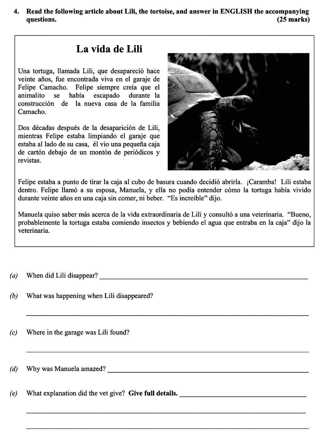 Read-the-following-article-about-Lili,-the-tortoise,-and-answer-in-ENGLISH-the-accompanying-questions-Leaving Cert Spanish-Question 4-2014.png