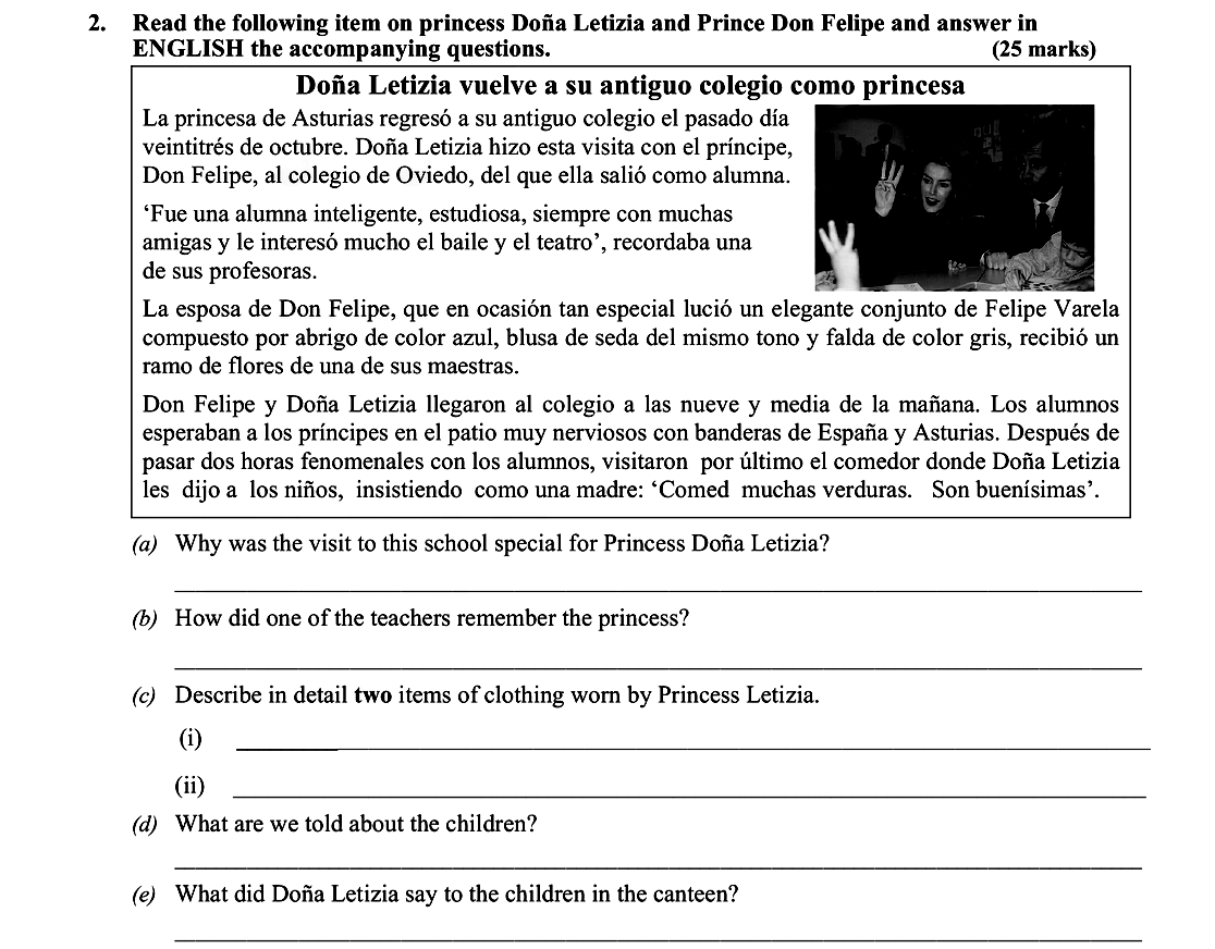 Read-the-following-item-on-princess-Doña-Letizia-and-Prince-Don-Felipe-and-answer-in-ENGLISH-the-accompanying-questions-Leaving Cert Spanish-Question 2-2009.png