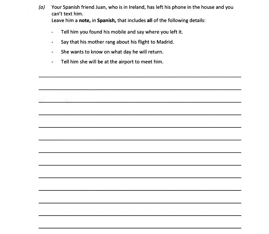 Your-Spanish-friend-Juan,-who-is-in-Ireland,-has-left-his-phone-in-the-house-and-you-can't-text-him-Leaving Cert Spanish-Question a-2018.png