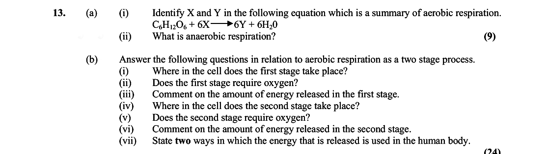 13.-(i)-Identify-X-and-Y-in-the-following-equation-which-is-a-summary-of-aerobic-respiration-Leaving Cert Biology-Question 13-2006.png