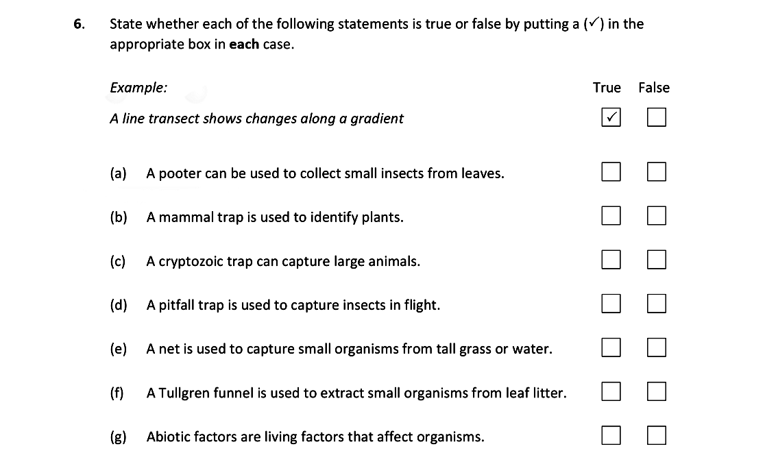 State-whether-each-of-the-following-statements-is-true-or-false-by-putting-a-(✓)-in-the-appropriate-box-in-each-case-Leaving Cert Biology-Question 6-2021.png