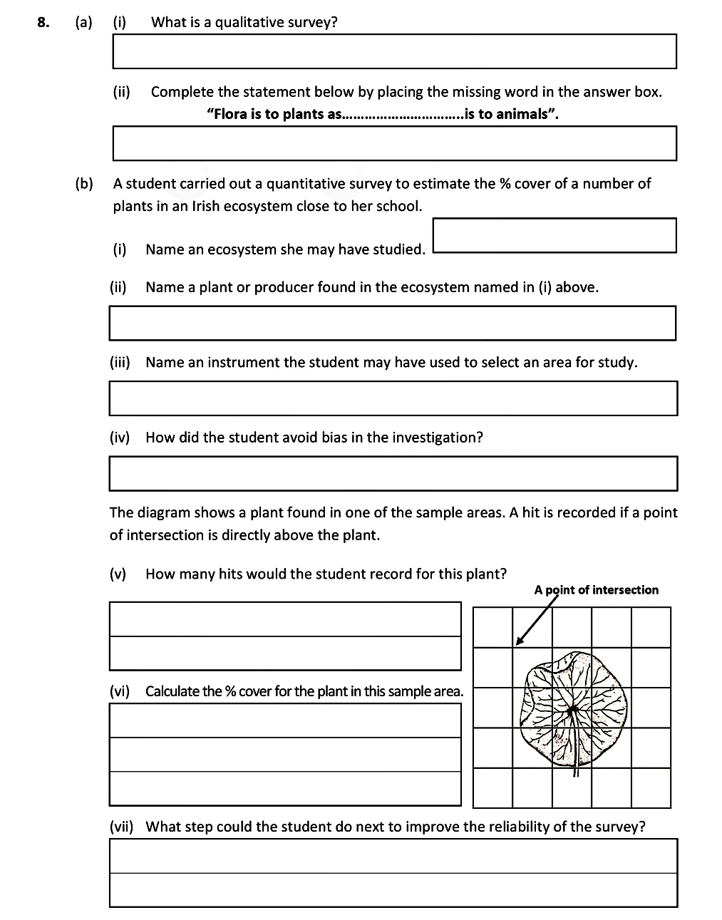 8.-(a)-(i)-What-is-a-qualitative-survey?----(ii)-Complete-the-statement-below-by-placing-the-missing-word-in-the-answer-box-Leaving Cert Biology-Question 8-2020.png