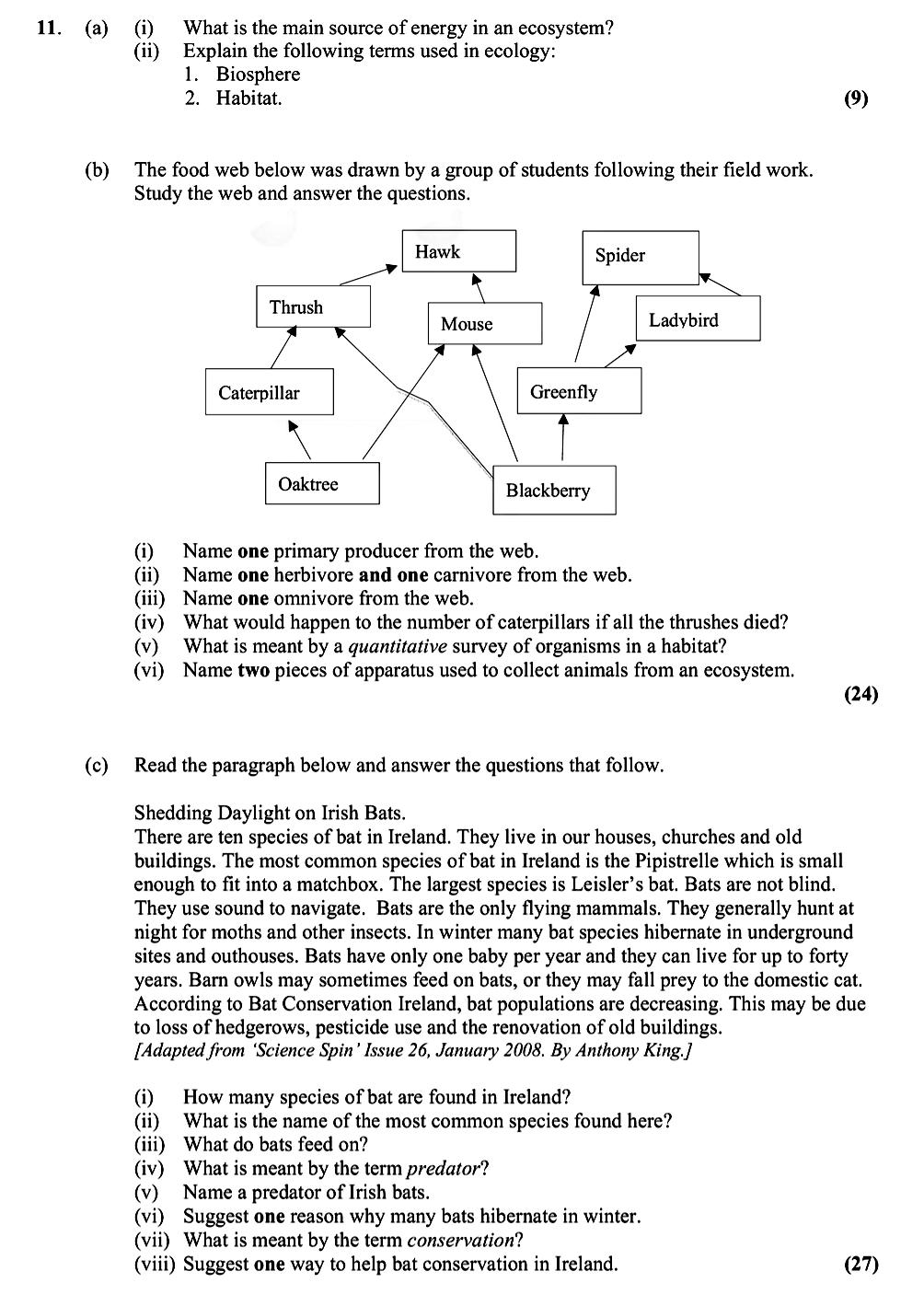11.-(a)-(i)-What-is-the-main-source-of-energy-in-an-ecosystem?-(ii)-Explain-the-following-terms-used-in-ecology:-1-Leaving Cert Biology-Question 11-2011.png