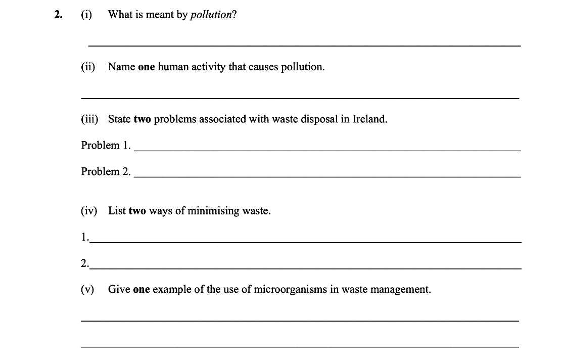 i)-What-is-meant-by-pollution?--ii)-Name-one-human-activity-that-causes-pollution-Leaving Cert Biology-Question 2-2011.png