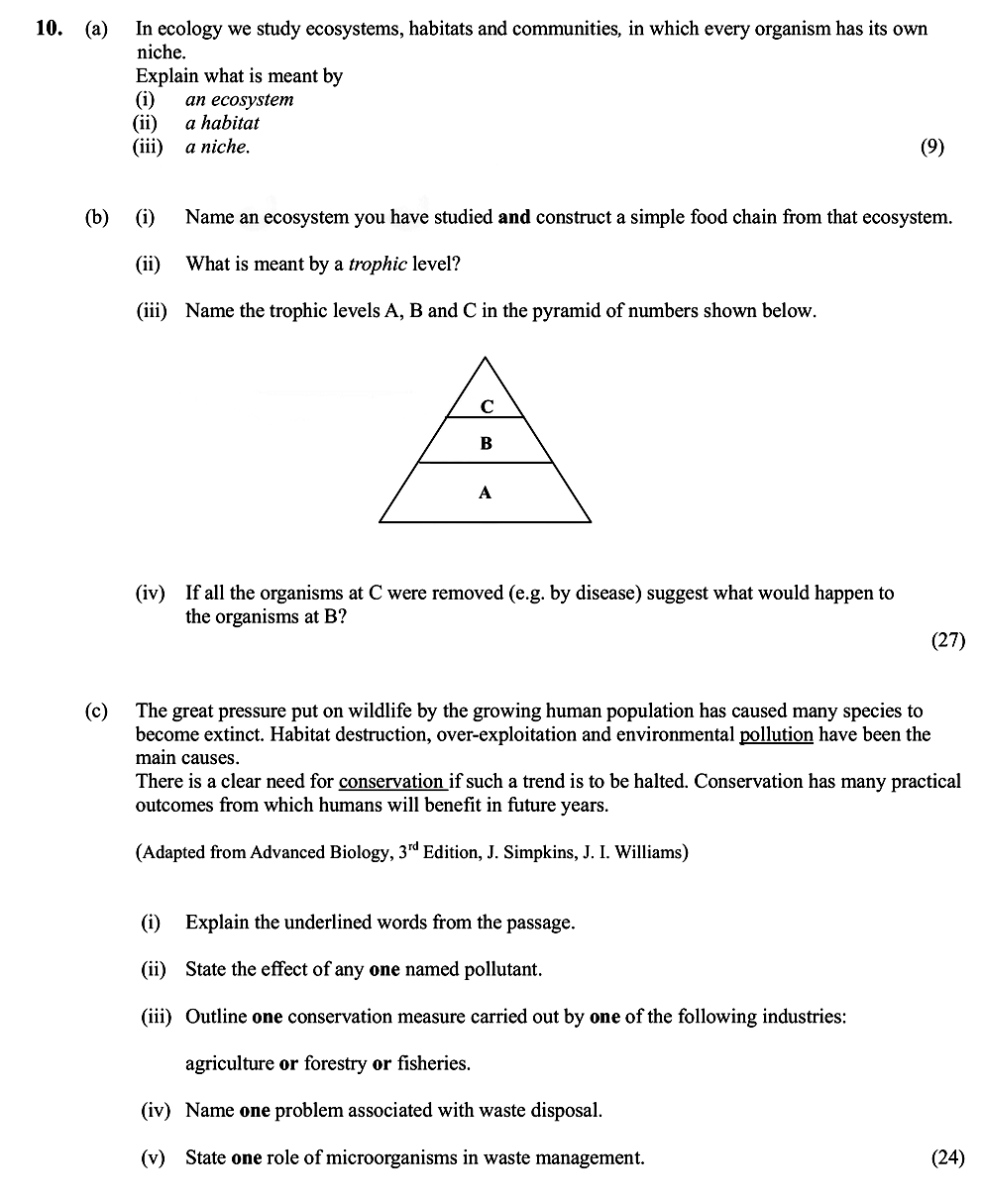 In-ecology-we-study-ecosystems,-habitats-and-communities,-in-which-every-organism-has-its-own-niche-Leaving Cert Biology-Question 10-2010.png