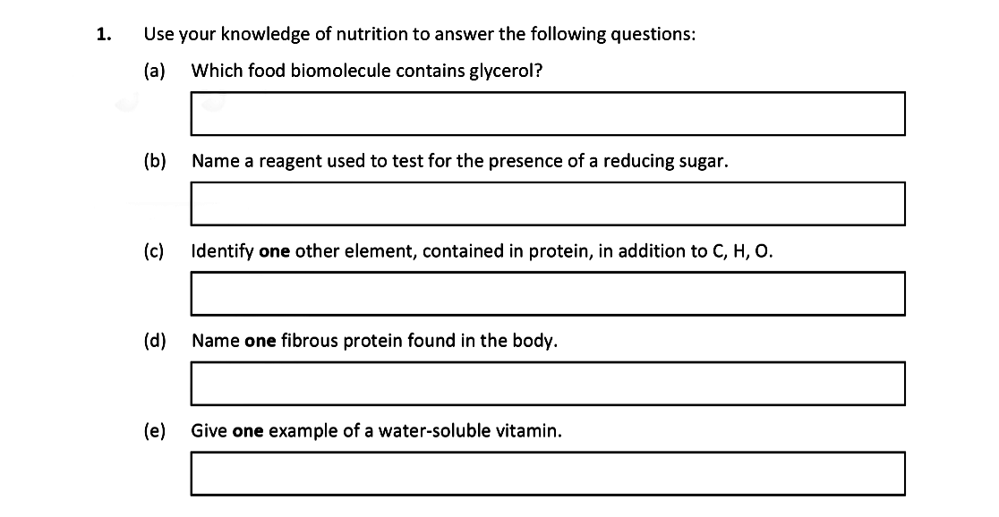 Use-your-knowledge-of-nutrition-to-answer-the-following-questions:--(a)-Which-food-biomolecule-contains-glycerol?--(b)-Name-a-reagent-used-to-test-for-the-presence-of-a-reducing-sugar-Leaving Cert Biology-Question 1-2021.png