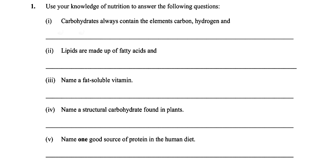 Use-your-knowledge-of-nutrition-to-answer-the-following-questions:--(i)-Carbohydrates-always-contain-the-elements-carbon,-hydrogen-and-__________--(ii)-Lipids-are-made-up-of-fatty-acids-and-__________--(iii)-Name-a-fat-soluble-vitamin-Leaving Cert Biology-Question 1-2011.png