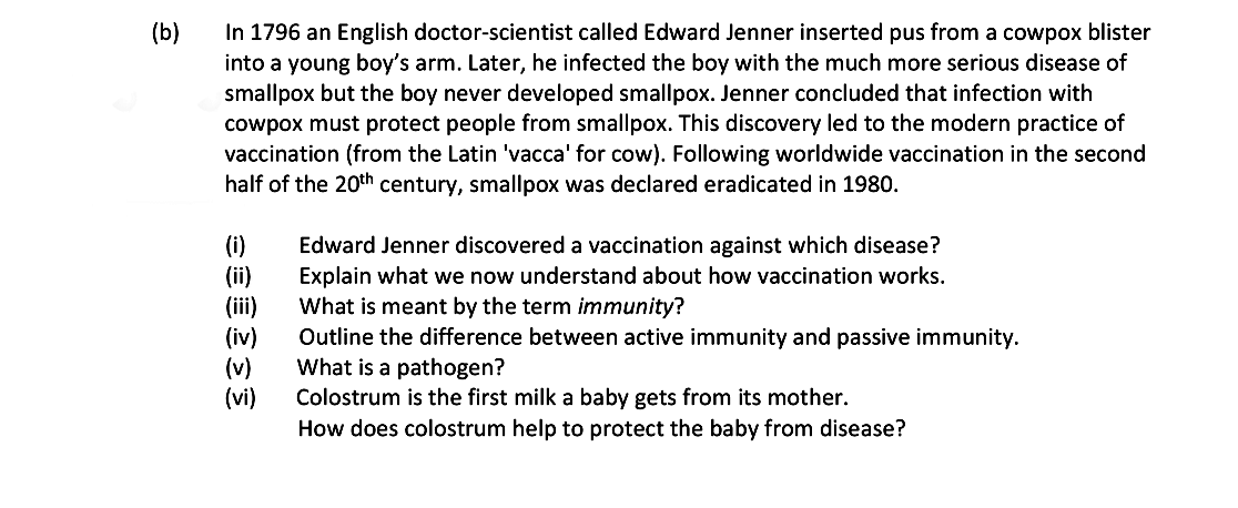 In-1796-an-English-doctor-scientist-called-Edward-Jenner-inserted-pus-from-a-cowpox-blister-into-a-young-boy’s-arm-Leaving Cert Biology-Question b-2018.png