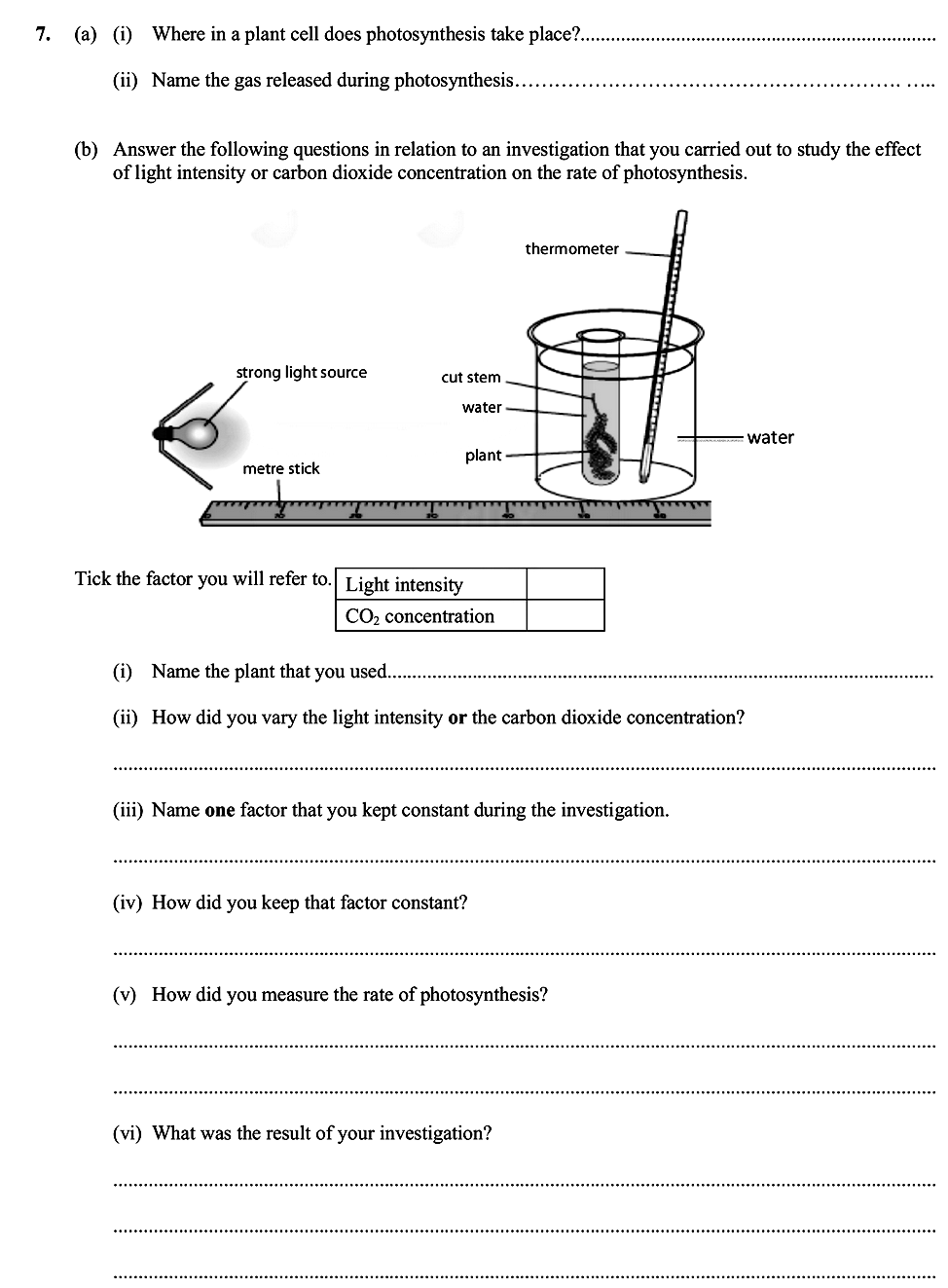 7.-(a)-(i)-Where-in-a-plant-cell-does-photosynthesis-take-place?---(ii)-Name-the-gas-released-during-photosynthesis-Leaving Cert Biology-Question 7-2013.png