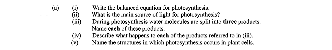 Write-the-balanced-equation-for-photosynthesis?-What-is-the-main-source-of-light-for-photosynthesis?-During-photosynthesis-water-molecules-are-split-into-three-products-Leaving Cert Biology-Question a-2009.png