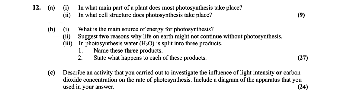 12.-(a)---(i)-In-what-main-part-of-a-plant-does-most-photosynthesis-take-place?---(ii)-In-what-cell-structure-does-photosynthesis-take-place?------(b)---(i)-What-is-the-main-source-of-energy-for-photosynthesis?---(ii)-Suggest-two-reasons-why-life-on-earth-might-not-continue-without-photosynthesis-Leaving Cert Biology-Question 12-2008.png