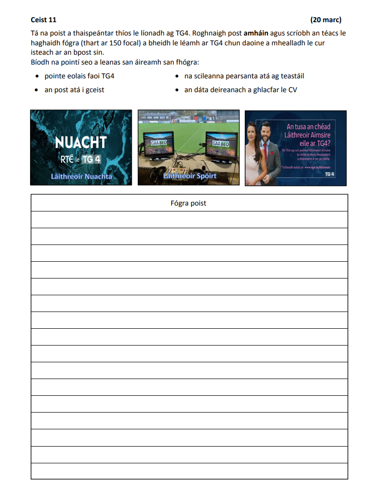 Tá-na-poist-a-thaispeáint-telifís-do-líonadh-ag-TG4-Junior Cycle Irish-Question 11-2020.png