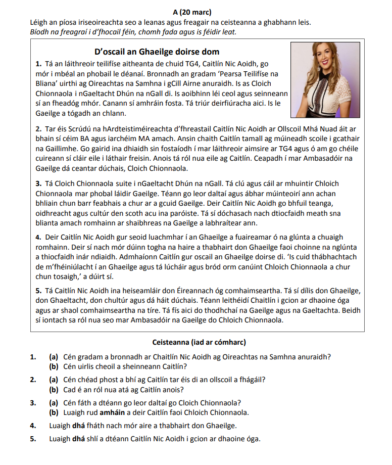 Leigigh-an-píosa-iriseoireachta-seo-a-leanas-agus-freagair-na-ceisteanna-a-ghabhann-leis-Junior Cycle Irish-Question A-2019.png