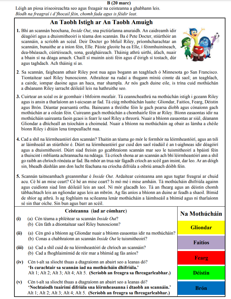 Leigh-an-píosa-eolais-thíos-agus-freagair-na-ceisteanna-a-ghabhann-leis-Junior Cycle Irish-Question B-2016.png