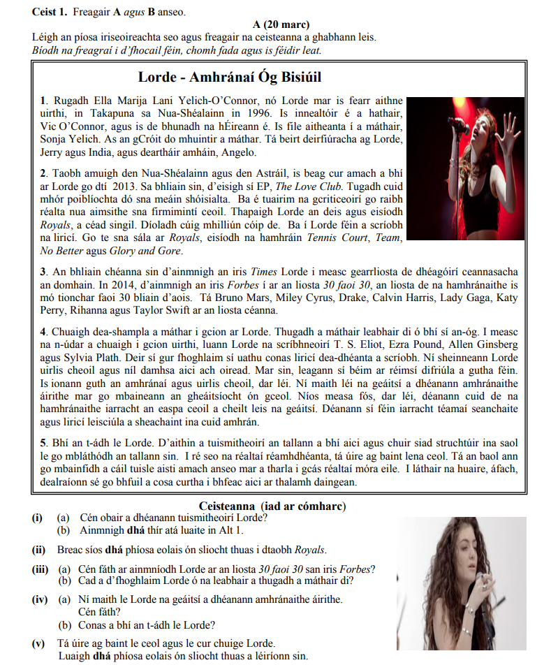 Céard-obair-a-dhéanann-tuismitheoir-Lorde?-Is-file-í-an-máthair-agus-innealtóir-í-a-hathair-Junior Cycle Irish-Question 1-2015.png