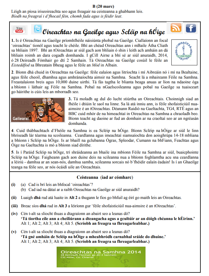 1.-Is-é-Oireachtas-na-Gaeilge-príomhthionól-naisíunta-phobal-na-Gaeilge-Junior Cycle Irish-Question B-2015.png