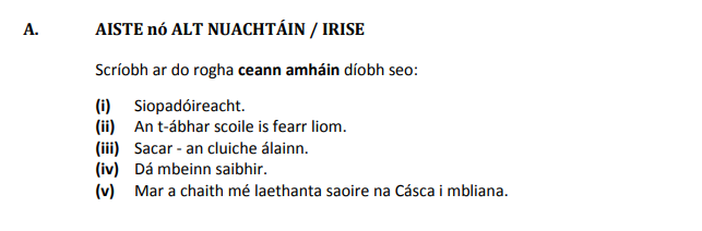 AISTE-nó-ALT-NUACHTÁIN-/-IRISE--Scríobh-ar-do-rogha-ceann-amháin-diobh-seo:--(i)-Siopadóireacht-Junior Cycle Irish-Question A.-2018.png