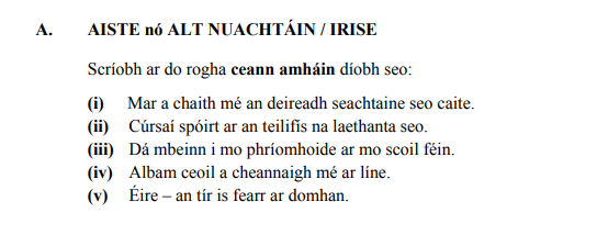 AISTE-nó-AILT-NUACHTÁIN-/-IRISE--Scríobh-ar-do-rogha-ceann-amháin-diobh-seo:--(i)-Mar-a-chaithe-mé-an-deireadh-seachtaine-seo-caite-Junior Cycle Irish-Question A-2016.png