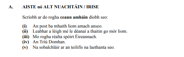 AISTE-nó-ALT-NUACHTÁIN-/-IRISE--Scríobh-ar-do-rogha-ceann-amháin-diobh-seo:--(i)-An-post-ba-mhiath-liom-amach-anseo-Junior Cycle Irish-Question A.-2015.png