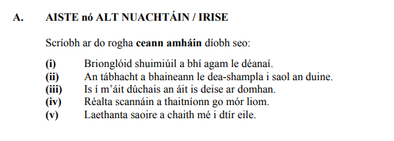 AISTE-nó-ALT-NUACHTÁIN-/-IRISE--Scríobh-ar-do-rogha-ceann-amháin-diobh-seo:--(i)-Brionglóid-shuimiúil-a-bhí-agam-le-déanái-Junior Cycle Irish-Question A-2014.png