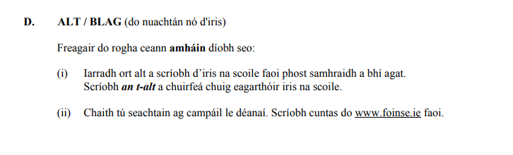 ALT-/-BLAG-(do-nuachtán-nó-dírís)--Freagair-do-rogha-cean-amháin-diobh-seo:--(i)-iarradh-ort-alt-a-scriobh-d'iris-na-scoile-faoi-phost-samhraidh-a-bhí-agat-Junior Cycle Irish-Question D-2011.png