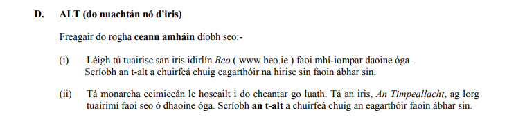 Freagraigh-do-rogha-cean-mháin-doidh-seo----(i)-Léigh-tú-tuairisc-san-iris-idirlín-Beo-(www.beo.ie)-faoi-mí-iompar-daoine-óga-Junior Cycle Irish-Question D-2007.png