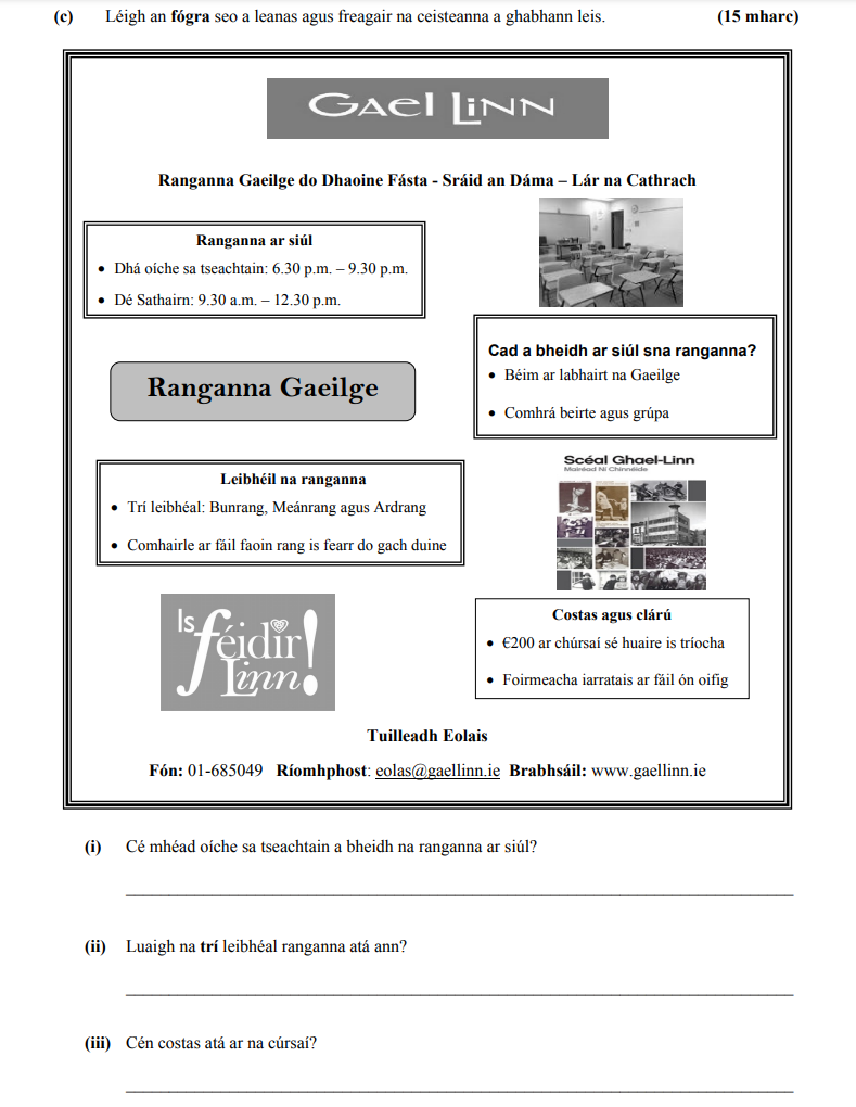 Cé-mhéad-oíche-sa-tseachtain-a-bheidh-na-ranganna-ar-siúl?-Beidh-ranganna-ar-siúl-dhá-oíche-sa-tseachtain-Junior Cycle Irish-Question (c)-2014.png