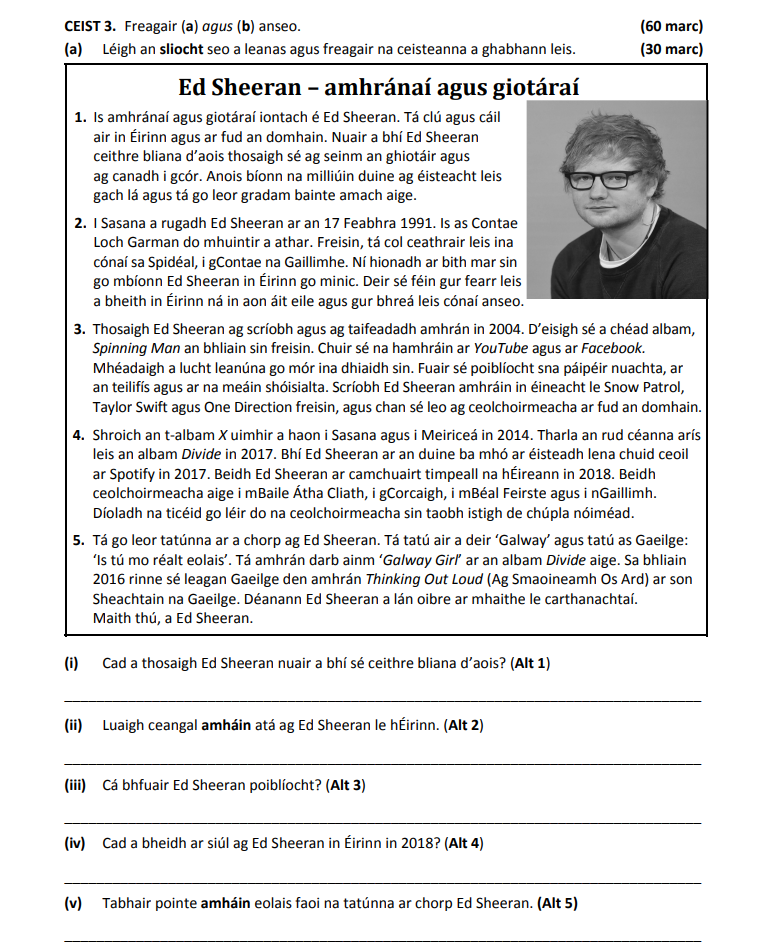 1.-Is-amhránáid-agus-giotáraí-é-Ed-Sheeran-Junior Cycle Irish-Question 3-2018.png