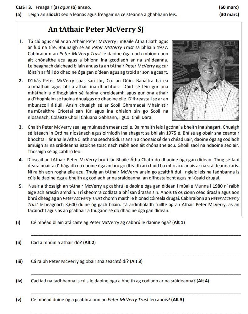 1.-Táid-tú-ag-caint-ar-an-tAthair-Peter-McVerry-i-mBaile-Atha-Cliath-agus-faoin-trí-ré-Junior Cycle Irish-Question 3-2017.png