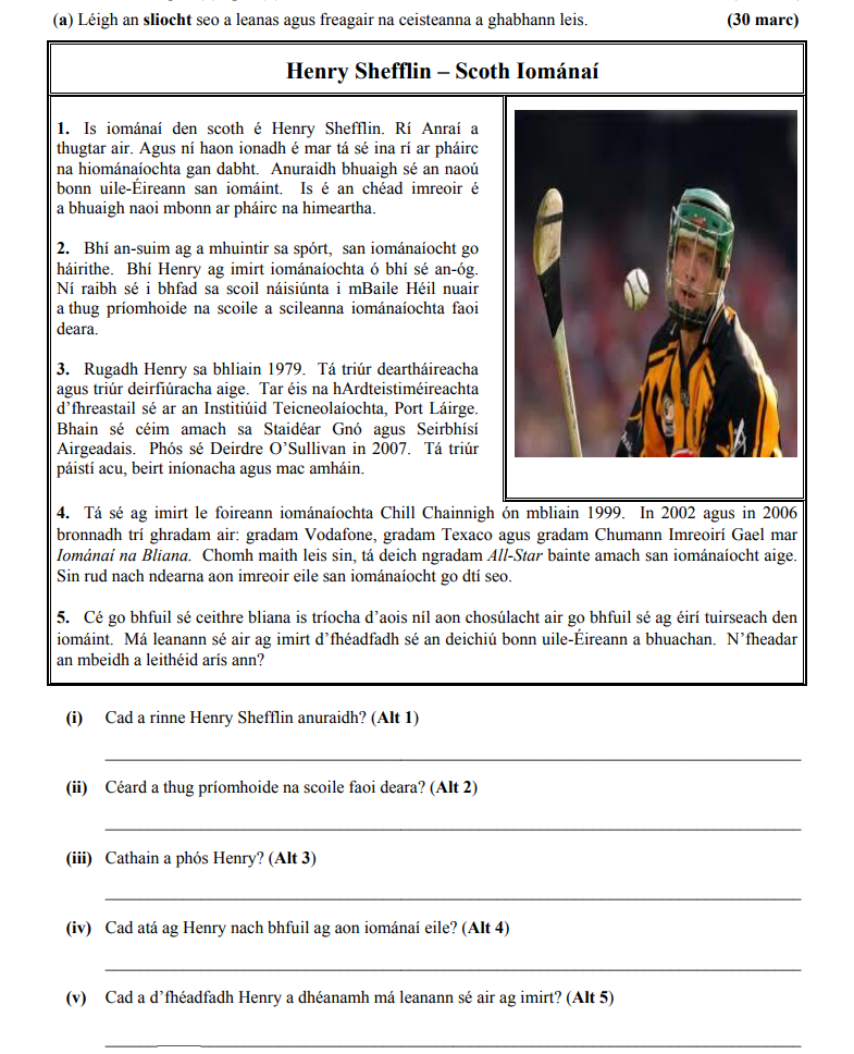 1.-Is-íomaíán-dé-scoth-é-Henry-Shefflin-Junior Cycle Irish-Question 1-2013.png