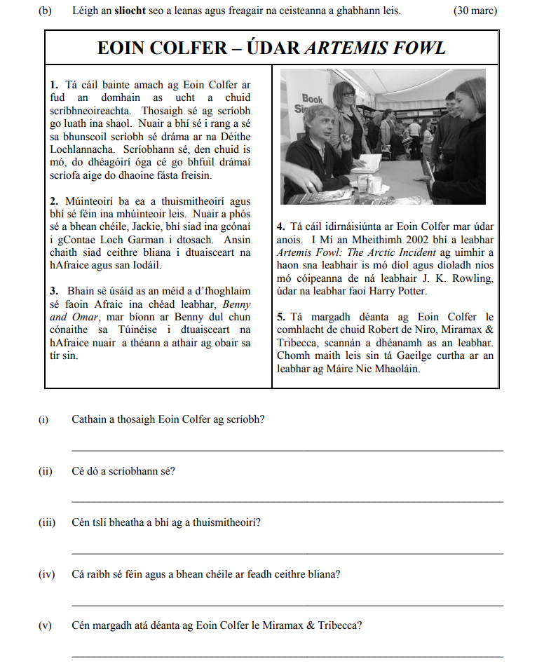 1.-Tá-éilí-bainte-amach-ag-Eoin-Colfer-ar-fud-an-domhain-as-ucht-an-scríobhneoirí-Junior Cycle Irish-Question 1-2007.png