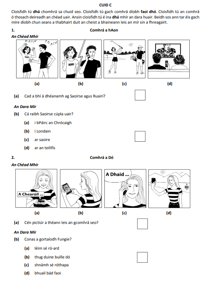 Cloisfidh-tú-dhá-chomhra-sa-chuid-seo-Junior Cycle Irish-Question 1-2017.png