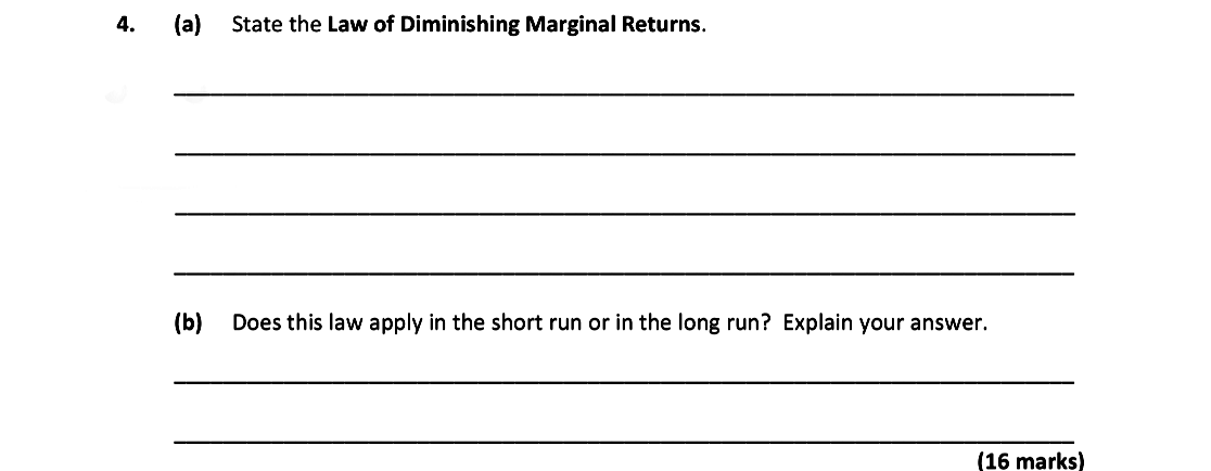 4.-(a)-State-the-Law-of-Diminishing-Marginal-Returns-Leaving Cert Economics-Question 4-2018.png