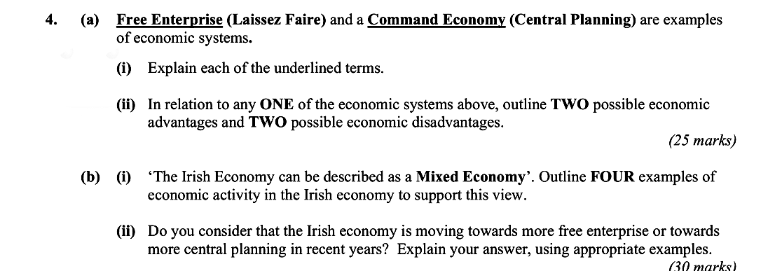 4.-(a)-Free-Enterprise-(Laissez-Faire)-and-a-Command-Economy-(Central-Planning)-are-examples-of-economic-systems-Leaving Cert Economics-Question 4-2007.png