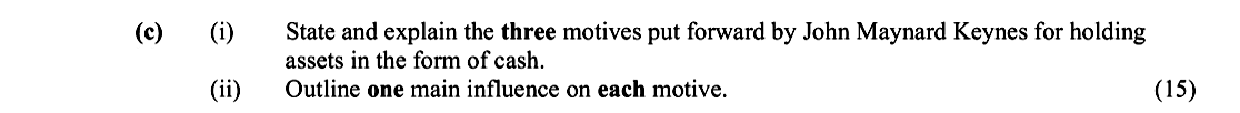 State-and-explain-the-three-motives-put-forward-by-John-Maynard-Keynes-for-holding-assets-in-the-form-of-cash-Leaving Cert Economics-Question e-2015.png