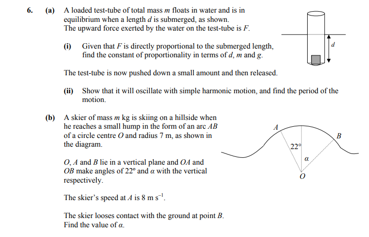 6.-(a)-A-loaded-test-tube-of-total-mass-m-floats-in-water-and-is-in-equilibrium-when-a-length-d-is-submerged,-as-shown-Leaving Cert Applied Maths-Question 6-2015.png