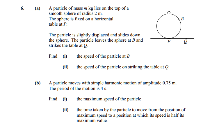 6.-(a)-A-particle-of-mass-m-kg-lies-on-the-top-of-a-smooth-sphere-of-radius-2-m-Leaving Cert Applied Maths-Question 6-2010.png