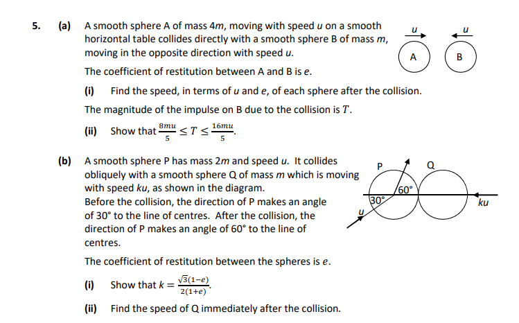 a)-A-smooth-sphere-A-of-mass-4m,-moving-with-speed-u-on-a-smooth-horizontal-table-collides-directly-with-a-smooth-sphere-B-of-mass-m,-moving-in-the-opposite-direction-with-speed-u-Leaving Cert Applied Maths-Question 5-2021.png