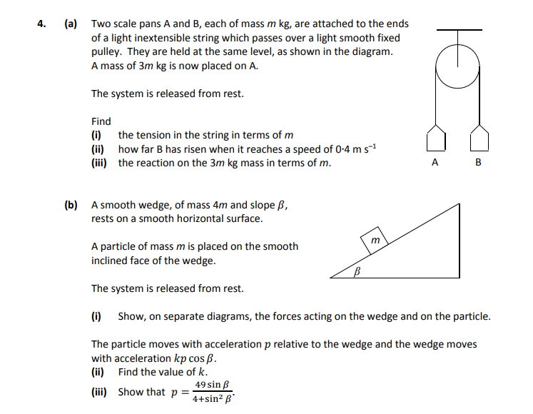 Two-scale-pans-A-and-B,-each-of-mass-$m$-kg,-are-attached-to-the-ends-of-a-light-inextensible-string-which-passes-over-a-light-smooth-fixed-pulley-Leaving Cert Applied Maths-Question 4-2017.png