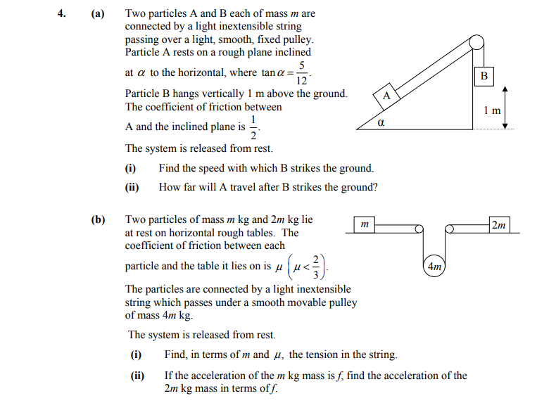 4.-(a)-Two-particles-A-and-B-each-of-mass-m-are-connected-by-a-light-inextensible-string-passing-over-a-light,-smooth,-fixed-pulley-Leaving Cert Applied Maths-Question 4-2012.png