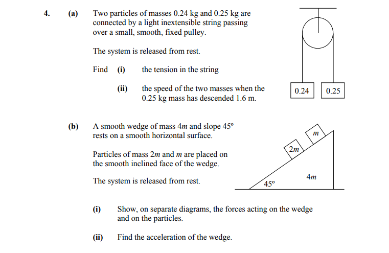 4.-(a)-Two-particles-of-masses-0.24-kg-and-0.25-kg-are-connected-by-a-light-inextensible-string-passing-over-a-small,-smooth,-fixed-pulley-Leaving Cert Applied Maths-Question 4-2010.png