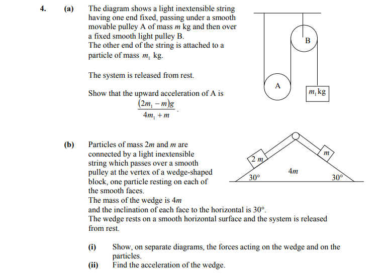 The-diagram-shows-a-light-inextensible-string-having-one-end-fixed,-passing-under-a-smooth-movable-pulley-A-of-mass-m-kg-and-then-over-a-fixed-smooth-light-pulley-B-Leaving Cert Applied Maths-Question 4-2008.png